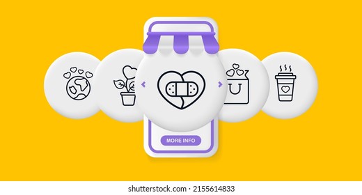 Hearts set icon. Planet, flower, plastered heart, shopping, gift, glass. Courtship concept. UI phone app screens with people. Vector line icon for Business and Advertising