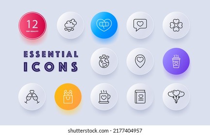 Hearts set icon. Valentine, cloud, broken, favorite location, drink in cup, anniversary, glass, bag, book, balloons. Relationships concept. Neomorphism. Vector line icon for Business and Advertising.