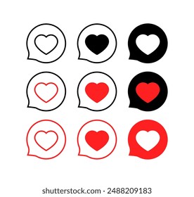 Hearts set icons. Message bubble icons. Linear, Silhouette and Flat styles. Vector icons.