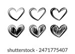 Hearts set icons untidy drawing. Pencil drawing. Linear and Silhouette. Vector icons.