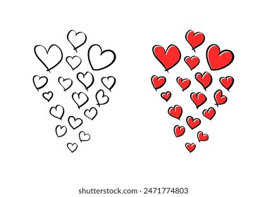 Hearts Set Icons. Untidy drawing. Linear and flat styles. Vector icons.