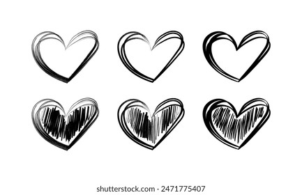 Hearts set icons untidy drawing. Pencil drawing. Linear and Silhouette. Vector icons.