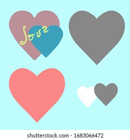 Hearts set isolated on blue background. Text love. Vector illustration. Design for textile, paper or any romantic and girl concept. Summer style. Soft and calm colors. Easy to use and edit. Copy paste