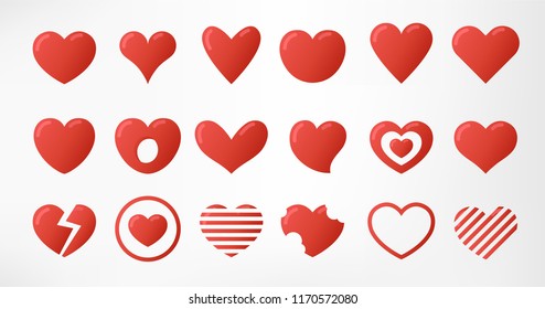Hearts set isolated on white background. Simple modern design. Icons, signs or logos. Red color. Objects to the Valentine's Day. Flat style vector illustration.