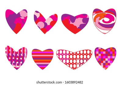 Hearts set isolated on white background. Collection hearts for wedding and valentine design. Icons, love symbol collection.  Hearts shaped with various patterns. Stock vector illustration.