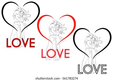 hearts set with kissing couple, vector