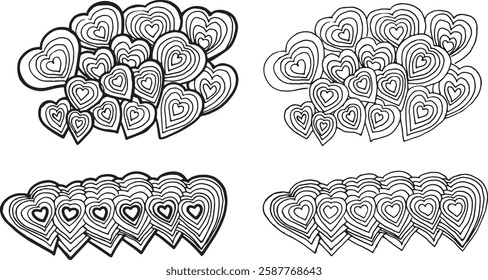 Hearts set line drawing saint Valentines graphic clipart hand drawn vector outline repeat pattern simple drawing coloring antistress doodle contour group of hearts shape design elements illustration