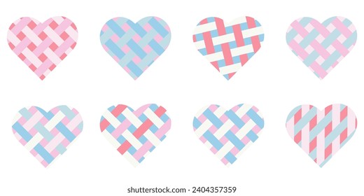 Hearts set made of braided stripes in pastel colors. Vector design for flyer, card, print