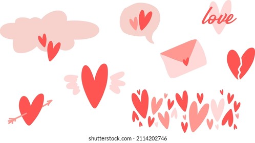 Hearts set on a white background. Hand drawn gift packaging, wrapping paper for Valentine’s day celebration