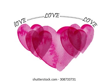 Hearts set on white paper watercolor design with text love,vector illustration