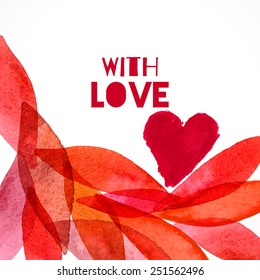 Hearts set romantic card hand painted with watercolor leaves