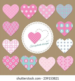 Hearts set. Scrapbook design elements. Different patterns included under clipping mask.