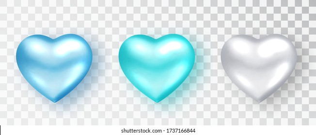 Hearts set shades of blue color for Valentine's day design isolated background a transparent background. Realistic decoration. Vector illustration. Love concept.