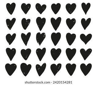 Hearts set. Symbols of Valentine's Day, love, romantic. Handdrawn black hearts, ink grunge art, vector illustration