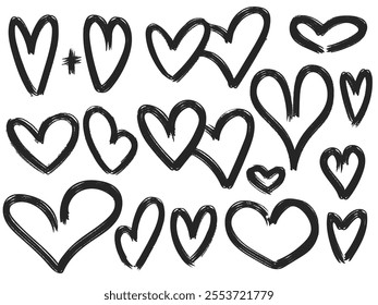 Hearts set of urban graffiti spray ink in grunge style. Abstract drawings with black paint symbol of love, clip art collection. Vector graphics, wall street art