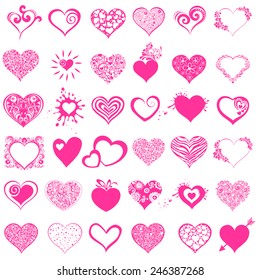 Hearts set for wedding and valentine design. Collection pink heart isolated on white background. Vector illustration 