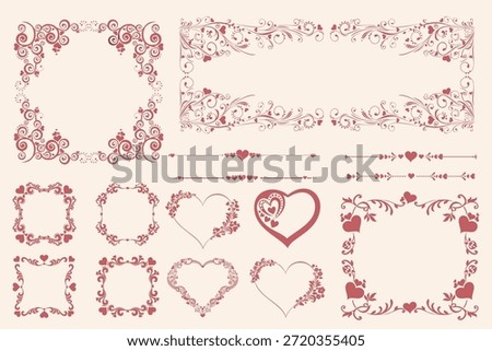 Hearts set for wedding and valentine design. Collection heartsframe. Ornamental Frame Design Retro Aesthetic Border. I love you! Valentine's Celebration background with hearts and place for your text. Vintage baroque frame set. Classic frames.  Vector Illustration 