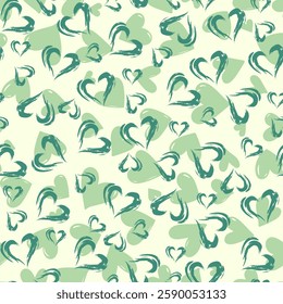 Hearts in shades of green, arranged to form an abstract heart shape on a cream background, Heart seamless pattern.  Valentine's day texture, Print for wrapping paper or fabric.