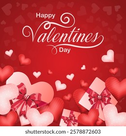 Hearts in shades of red and pink symbolize love and affection Happy Valentine's Day is written in elegant cursive Two gift boxes with ribbons represent thoughtful presents The red and white color