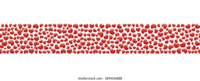 Hearts with shadow. Seamless horizontal border. Repeating vector pattern. Endless ornament of red hearts. Isolated colorless background. Valentine's day. Idea for web design, banner, invitation