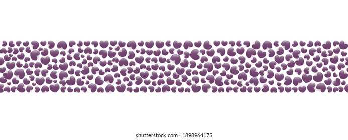 Hearts with shadow. Seamless horizontal border. Repeating vector pattern. Endless ornament of purple hearts. Isolated colorless background. Valentine's day. Idea for web design, banner, invitation