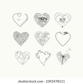 Hearts shape with flower, eye, fingerprint, wave, arrow, stone drawing in graphic style on light background