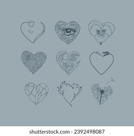 Hearts shape with flower, eye, fingerprint, wave, arrow, stone drawing in graphic style on grey background