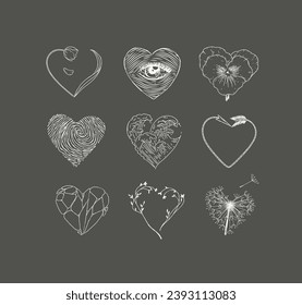 Hearts shape with flower, eye, fingerprint, wave, arrow, stone drawing in graphic style on dark background