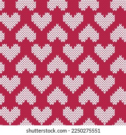 Hearts shape jacquard knitted seamless pattern. Valentine background. Viva magenta color 2023. Vector illustration.