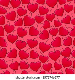 Hearts shape pattern. Valentine's day romantic print. Cherry heart shape on pink background. Cute love symbols texture. Hand drawn festive wallpaper, greeting, invitation template. Pink, red hearts.
