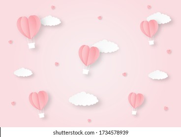 hearts shaped balloons flying paper art style background. vector Illustration.