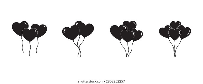 hearts shaped balloons in various quantities with tails isolated on transparent background