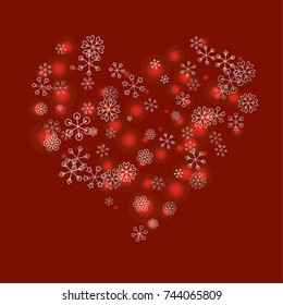 Hearts shaped Christmas background with random scatter falling silver snowflakes and red blurred lights on a burgundy background.