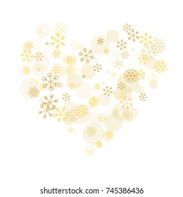 Hearts shaped Christmas background with random scatter falling golden snowflakes and yellow polka dots isolated on white.