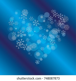 Hearts shaped Christmas background with random scatter falling silver snowflakes and blue polka dots on a navy blue background.