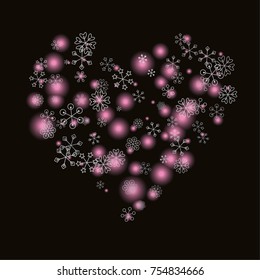 Hearts shaped Christmas background with random scatter falling silver snowflakes and pink blurred lights isolated on black