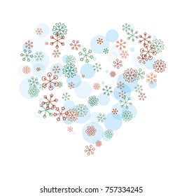 Hearts shaped Christmas background with random scatter falling colorful snowflakes and blue polka dots isolated on white.