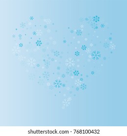 Hearts shaped Christmas background with random scatter falling blue snowflakes on a blue background.