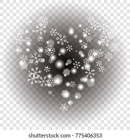 Hearts shaped Christmas background with random scatter falling white snowflakes and light blurred dots on a transparent background.
