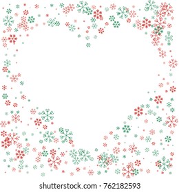 Hearts shaped Christmas border or frame with random scatter falling red and green snowflakes isolated on white.