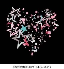 Hearts shaped Christmas colorful stars confetti falling, isolated on black. Magic shining flying stars and glitter dots sparkle cosmic backdrop