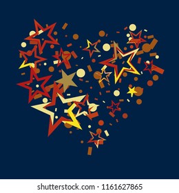 Hearts shaped Christmas gold and red stars confetti falling, on a deep blue background. Magic shining flying stars and glitter dots sparkle cosmic backdrop