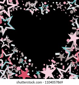 Hearts shaped frame or border Christmas colorful stars confetti falling, isolated on black. Magic shining flying stars and glitter dots sparkle cosmic backdrop