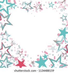 Hearts shaped frame or border Christmas colorful stars confetti falling, isolated on white. Magic shining flying stars and glitter dots sparkle cosmic backdrop