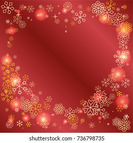 Hearts shaped frame or border Christmas background with random scatter falling golden snowflakes, red blurred lights and sparkles on a red gradient background