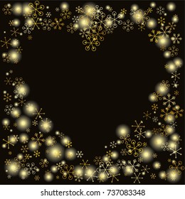 Hearts shaped frame or border Christmas background with random scatter falling gold snowflakes and yellow blurred lights isolated on black.