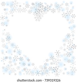 Hearts shaped frame or border Christmas background with random scatter falling silver snowflakes and blue blurred dots isolated on white.