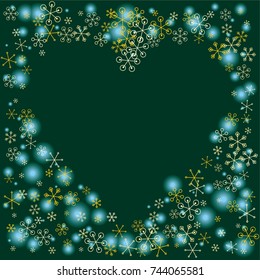 Hearts shaped frame or border Christmas background with random scatter falling golden snowflakes and blue blurred lights on a dark green background.