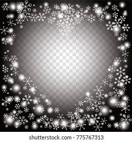 Hearts shaped frame or border Christmas background with random scatter falling white snowflakes and light blurred dots on a transparent background.