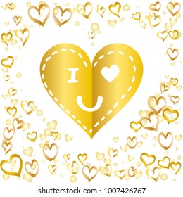 Hearts shaped frame or border Valentines day background with random hand drawn falling golden hearts and "I love you" gift card isolated on white.